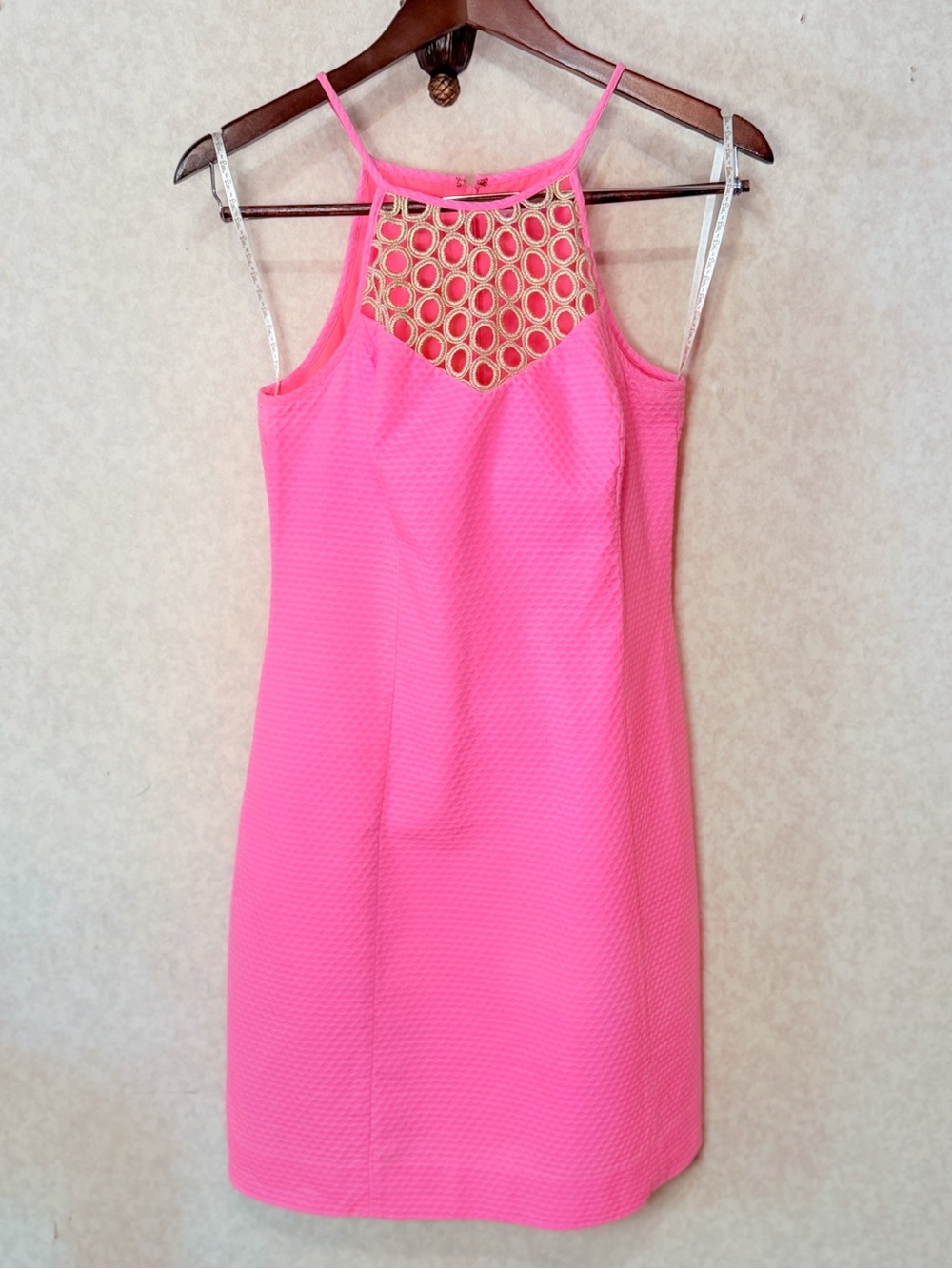 Lilly Pulitzer Larina Shift Dress Pink Sun Ray Gold Lattice Cutout Coastal Prep - Picture 2 of 12